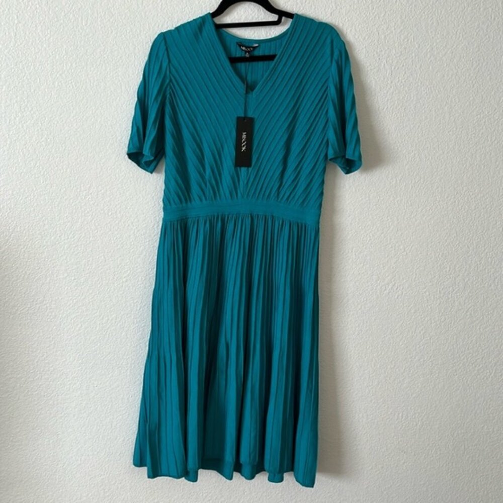 NWT Misook Textural Stripe A-Line Soft Knit Midi Dress Turquoise Medium